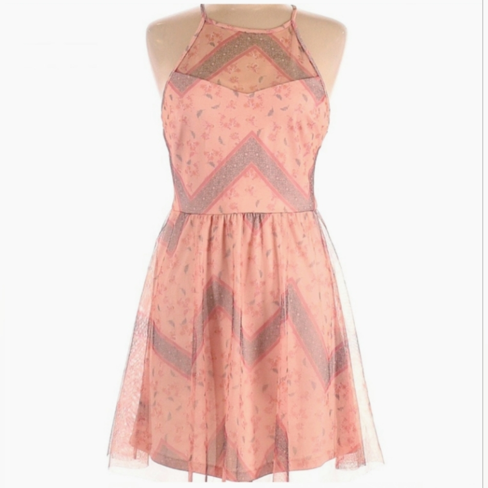 Candies Womens Sheer Floral Chevron Halter Dress Pink/Peach Sz. XL